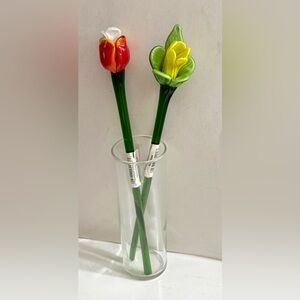 A PAIR OF PRETTY ART GLASS FLOWERS WITH STEMS